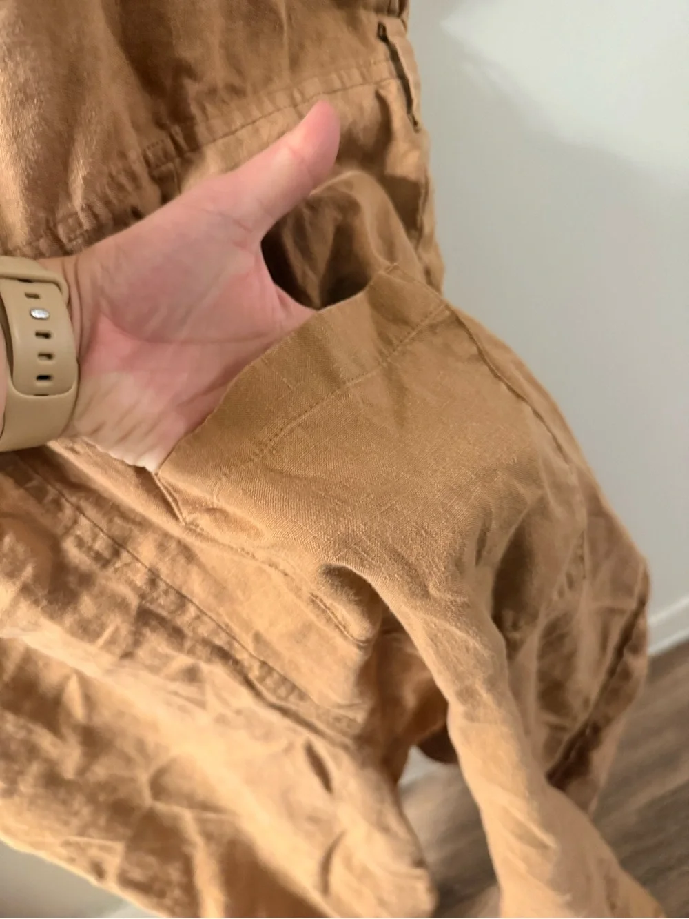 Everlane Short-Sleeve V-Neck Jumpsuit in Tan
